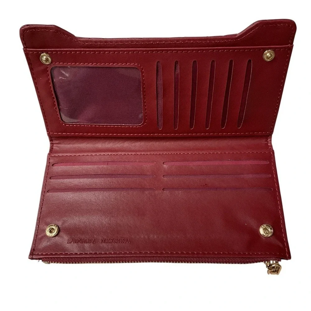 Badgley Mischka Quilted Vegan Leather Stylish Elegant Wine Long Cards Wallet NWT